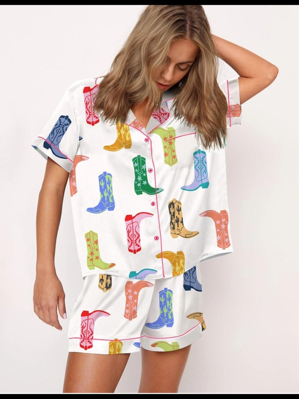 Women's White Cowboy Boot Print Pajama Set